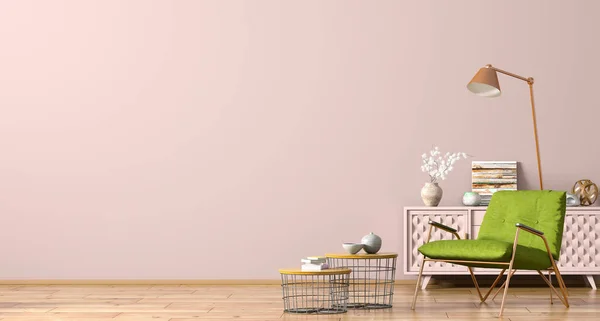 Design de interiores moderno da sala de estar com armário de madeira, verde — Fotografia de Stock