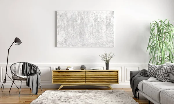 Дизайн интерьера современной скандинавской квартиры, гостиная 3d — стоковое фото