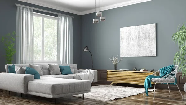 Interior design of modern scandinavian apartment, living room 3d — Stock Photo, Image