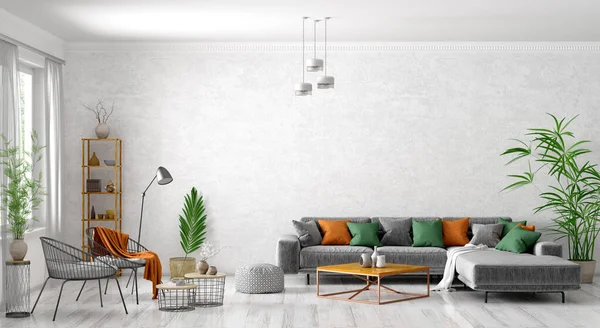 Interiör i modernt vardagsrum med grå soffa, soffbord och — Stockfoto