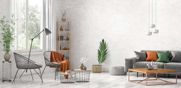 Inredning av modernt vardagsrum med grå soffa, kaffebryggare — Stockfoto