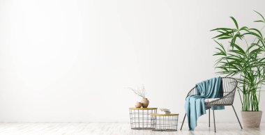 Interior of living room with coffee table and armchair, home des