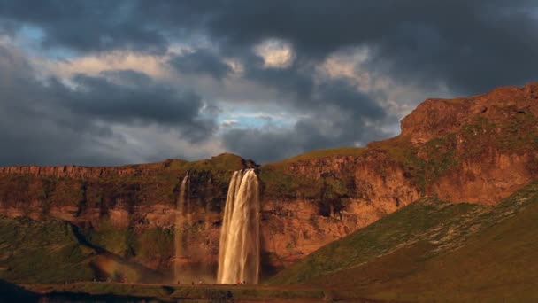 Seljalandfoss Vattenfall Sommarsolnedgången Island — Stockvideo