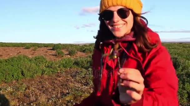 Jeune Femme Vêtements Lumineux Enjiying Nature Islande — Video