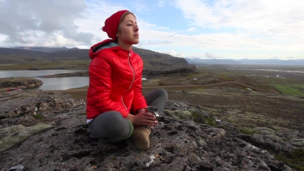 Γυναίκα Πεζοπορία Που Αναπαύεται Ροκ Πεζοπορία Στην Ισλανδία — Αρχείο Βίντεο