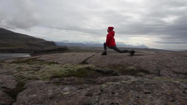 Young Sportive Woman Makes Morning Yoga Iceland — Stock Video