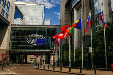 BRÜKSEL, BELGIUM - 20 Mayıs 2015: Avrupa Parlamentosu ofisleri ve Avrupa bayrakları.