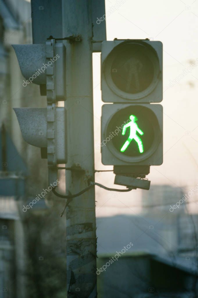 Traffic lights with the green light lit.