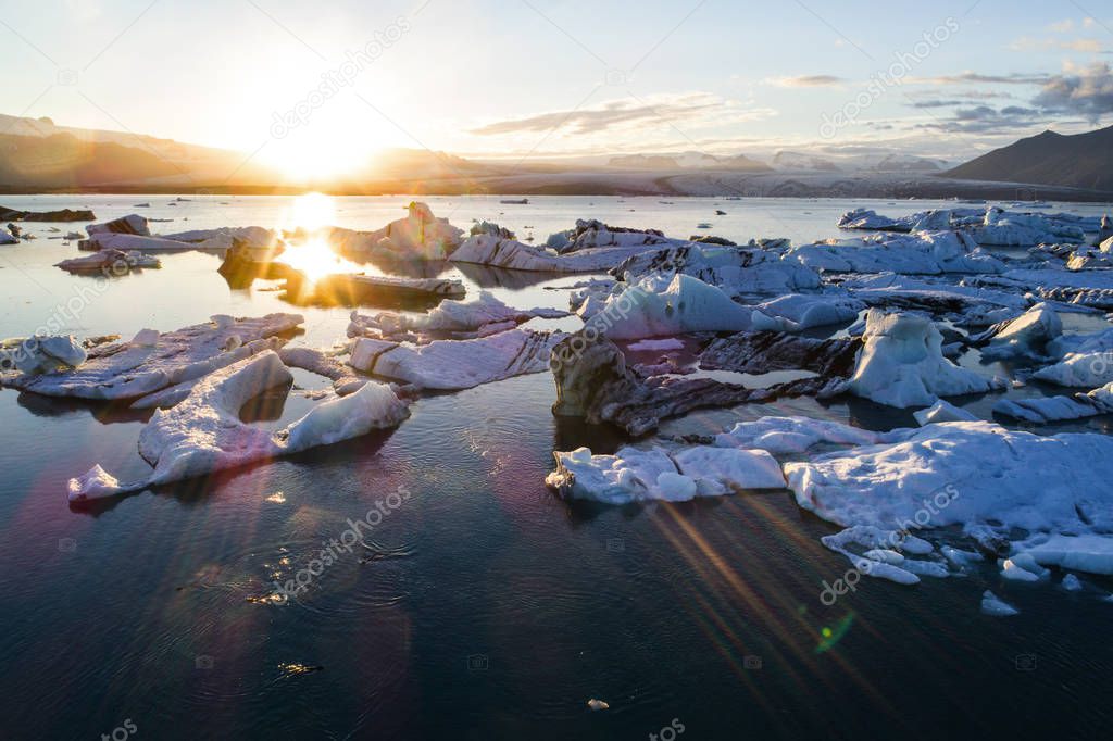 Glacier lagoon in Iceland suring the sunset