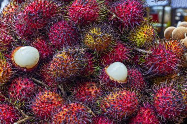Malezya 'da pazarda taze Rambutan egzotik meyvesi 