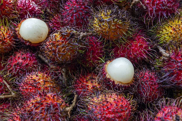 Malezya 'da pazarda taze Rambutan egzotik meyvesi 
