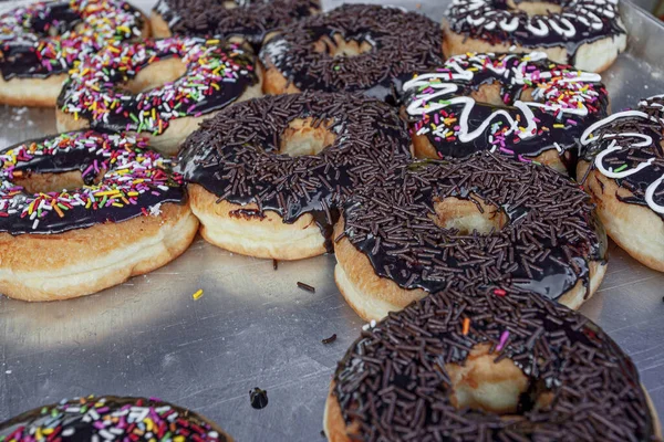 Lotes Donuts Chocolate Fresco Mercado Noturno Malásia — Fotografia de Stock