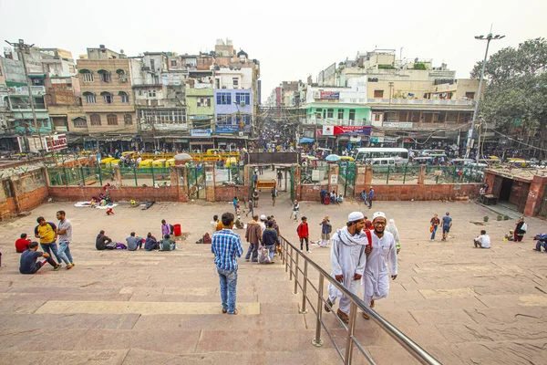 Neu Delhi Indien November 2019 Geschäftige Marktstraßen Mit Bunten Häusern — Stockfoto
