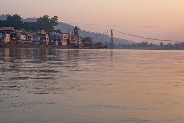 Rishikesh Stad Ganga Rivier Zonsondergang Uitzicht Pastelkleuren — Stockfoto