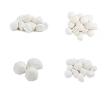 Beyaz arkaplanda beyaz Mozzarella peyniri, set