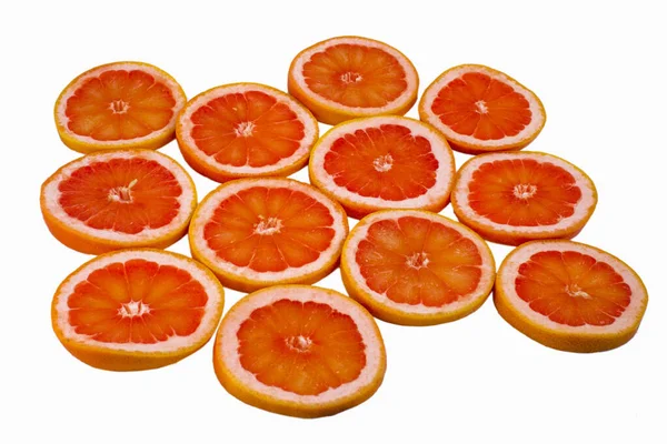 Frische Rote Saftige Süße Grapefruit Scheiben Geschnitten Zitrusfrüchte Auf Weißem — Stockfoto