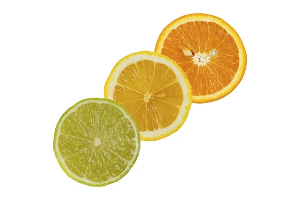 Orangen Zitronen Limetten Und Grapefruitscheiben Isoliert Auf Weiß — Stockfoto