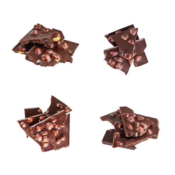 Crash Dunkle Schokolade Mit Großen Haselnüssen Isoliert Auf Weiß — Stockfoto