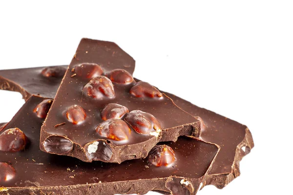 Crashed Dark Chocolate Large Hazelnuts Isolated White — Stock Photo, Image