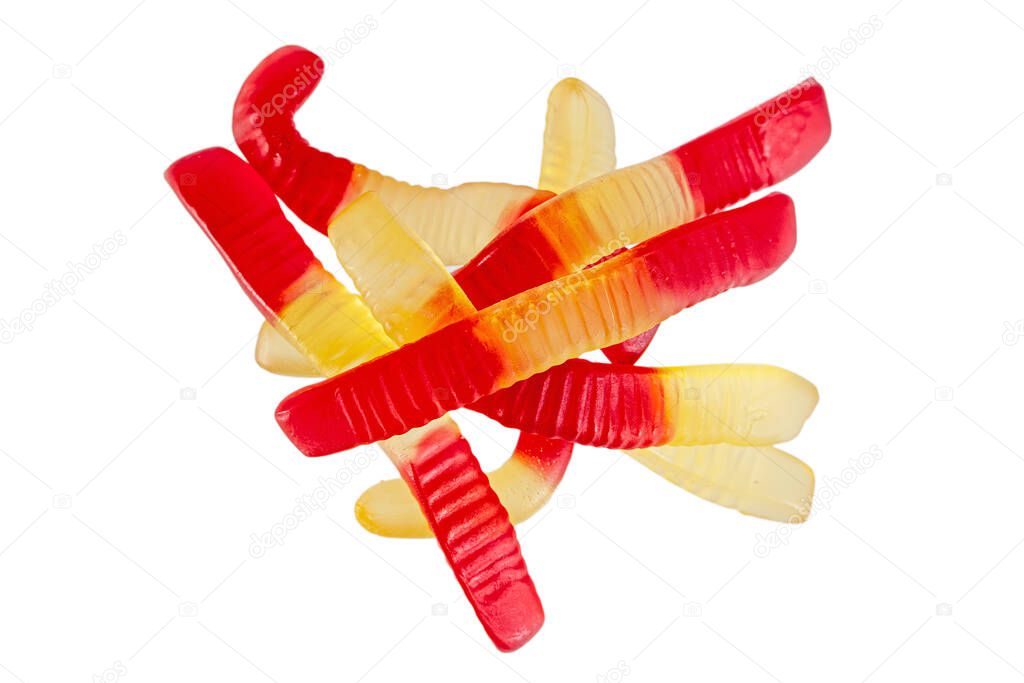 Jelly worms or snakes candies on a white background isolation