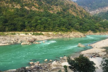 Rishikesh, Hindistan 'daki temiz Ganga nehrinin güzel manzarası.