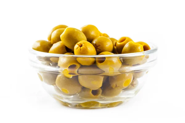 Olive Verdi Lastra Vetro Isolate Fondo Bianco — Foto Stock