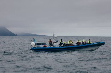 Husavik, İzlanda - 15 Ağustos 2017: Yelkenli takımı ve turistler balina izleme yolculuğuna başladı.