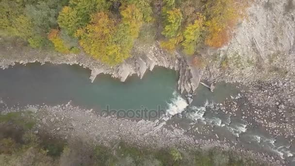 Vue aérienne du haut vers le bas de la rivière en mouvement dans les Carpates. Tourné en Ukraine 