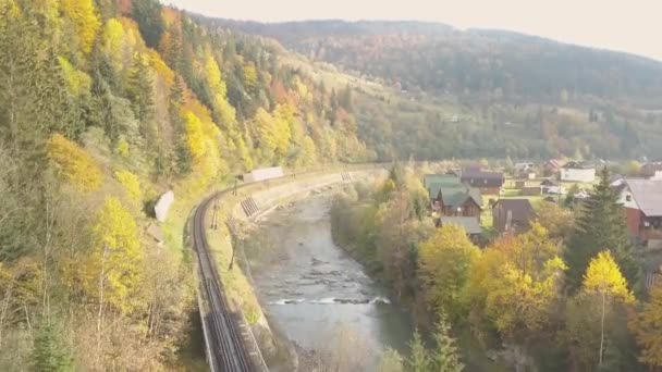 Volando Sobre Río Prut Trenes Las Montañas Los Cárpatos Ucrania — Vídeo de stock