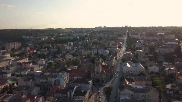 Vista Panorâmica Aérea Para Centro Cidade Chortkiv Com Igreja Dominicana — Vídeo de Stock