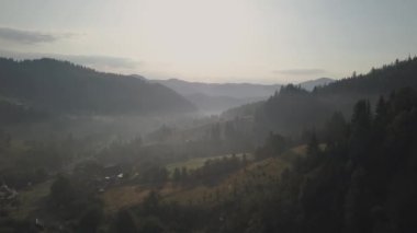 Sunrise, Ukrayna köyünde Dzembronya tarafından yaz Karpat Dağları'nın hava Üstten Görünüm