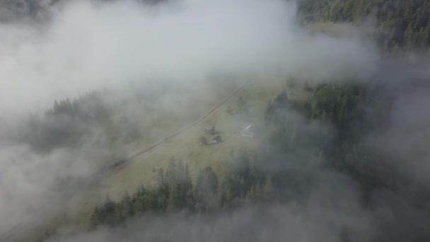 Survoler le brouillard et les nuages dans les montagnes des Carpates près du village de Dzembronya, en Ukraine 