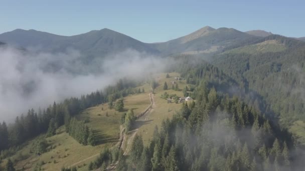 在乌克兰 Dzembronya 村附近的喀尔巴阡山山上空飞越大雾和云层 — 图库视频影像