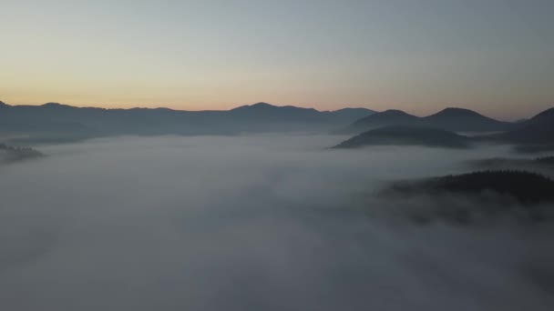 ウクライナ Dzembronya 村の近くの山霧とカルパティア山脈で雲の上飛んでください — ストック動画