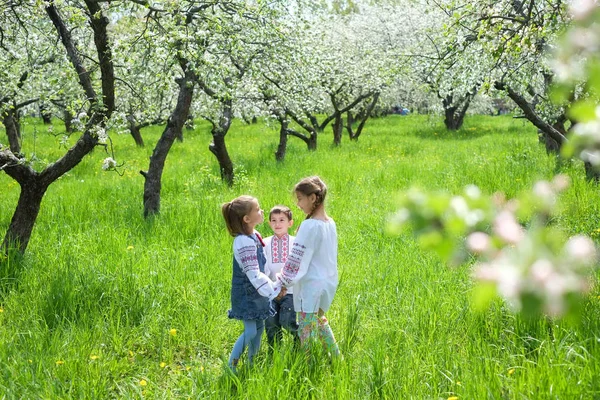 Children in embroidery in the garden — Stock Photo, Image