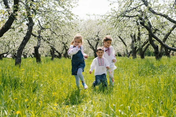 Crianças em bordado no jardim — Fotografia de Stock