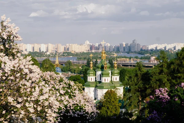 Vista de primavera del monasterio de Vydubychi y el río Dnipro con flor de lila en el jardín botánico en Kiev, Ucrania — Foto de Stock