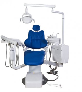 Beyaz arka plan üzerinde izole Modern mavi dişçi koltuğu