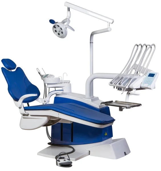Moderna cadeira dentista azul isolado no fundo branco — Fotografia de Stock