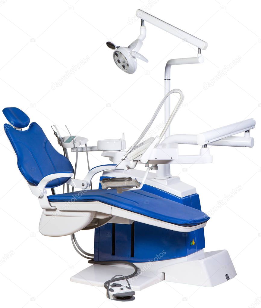 Modern blue dentist chair isolated on white background