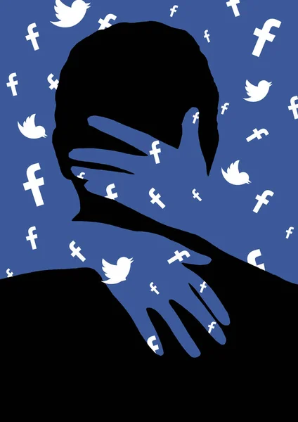 Kiev, Ukraina - 03 April 2018: Silhuetten av en man vars händer är täckta med en logotyp Facebook och twitter — Stockfoto