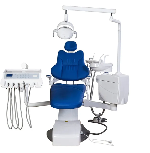 Moderna cadeira dentista azul isolado no fundo branco — Fotografia de Stock