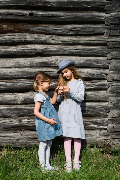 Duas irmãs alegres meninas em azul roupas casuais posando por uma parede de madeira. Estilo de vida ativo. Moda jovem — Fotografia de Stock