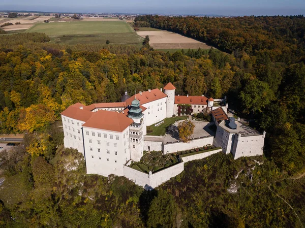 Château historique Pieskowa Skala près de Cracovie en Pologne. Vue aérienne à l'automne au lever du soleil dans le brouillard matinal . — Photo