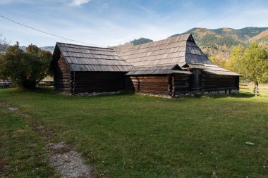 Ahşap Grazhda Hut 'a bakış - tipik Galiçya tipi çiftlik, Ukrayna