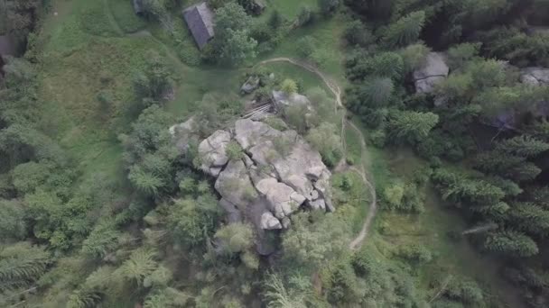 Vue aérienne rochers de pierre Ternoshorska Lada au milieu de magnifiques montagnes et forêts des Carpates. Symbole de maternité et de fertilité, région de Kosiv, oblast d'Ivano-Frankivsk, Ukraine 