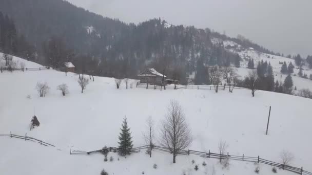 平静而舒适的童话村克里沃里夫尼亚覆盖着喀尔巴阡山脉的积雪 空中尽收眼底 乌克兰胡舒什奇纳国家公园的典型景观 度假和冬季运动 — 图库视频影像