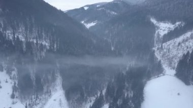 Sakin ve rahat bir peri masalı köyü olan Krivorivnia Karpatlar 'ın dağlarında karla kaplı, hava manzaralı. Ukrayna 'daki Hutsulshyna Ulusal Parkı' ndaki tipik manzara. Tatil ve kış sporları.