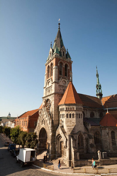 View to Dominican church in Chortkiv city, Ukraine