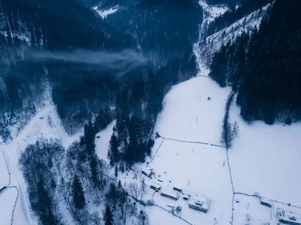 Pueblo de invierno Kryvorivnia cubierto de nieve en las montañas de los Cárpatos, vista aérea Imagen De Stock